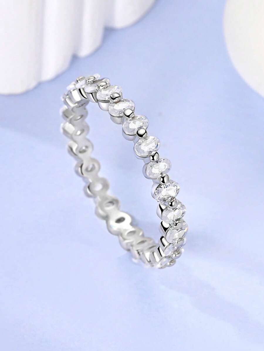 1 Pc Original 925 Sterling Silver Rings For Women Oval White Cubic Zirconia Arranged Pave Set Ins Style Elegance Rings Jewelry Gifts For Women Fits Daily Party Shopping Wear - Silver - View 1