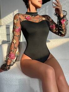 1pc Fashionable, Sexy & Elegant Vintage Mesh Floral Embroidery Puff Sleeve Fitted Jumpsuit For Women