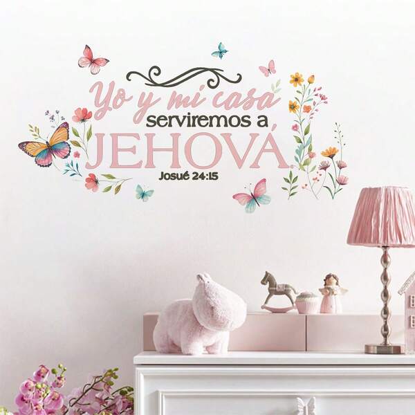 1pc Spanish Bible Verse Wall Stickers Pink Flowers Butterfly PVC Classic Wall Art Decals For Living Room, Bedroom, Study Room, Porch, Kitchen Window, Mirror Home Decoration Christmas Gift