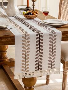 1pc Embroidered Table Runner With Tassel Trim, Home Decor For Dining Room, Living Room, Family Gathering, Party, Banquet Table Decoration, Washable And Reusable, Multiple Sizes Available - Brown - View 1