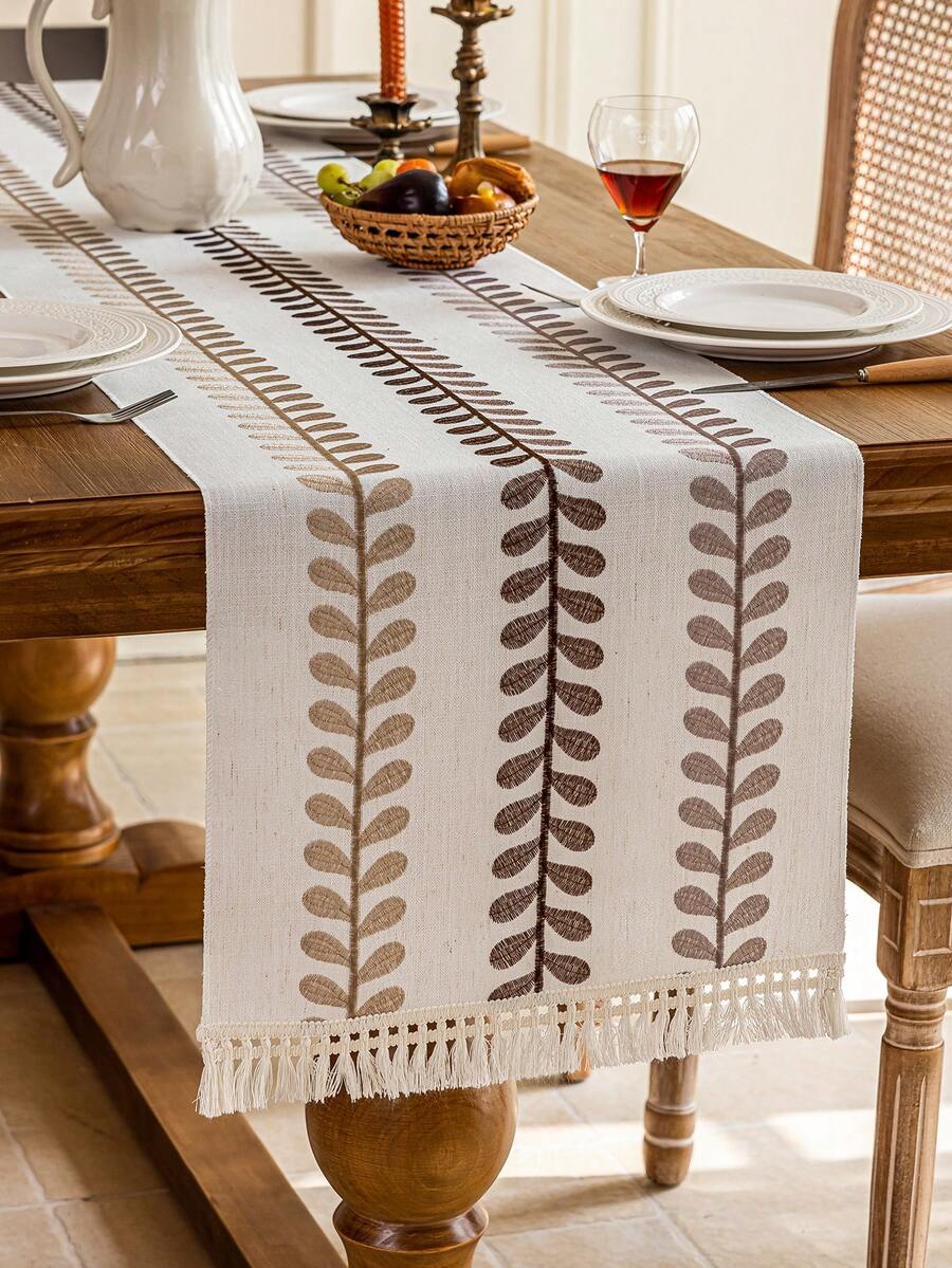 1pc Embroidered Table Runner With Tassel Trim, Home Decor For Dining Room, Living Room, Family Gathering, Party, Banquet Table Decoration, Washable And Reusable, Multiple Sizes Available - Brown - View 1