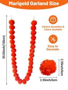 1 pieza/2 piezas/3 piezas/4 piezas Guirnalda de caléndula para decoración, 5 pies de largos hilos rojos artificiales de flores de caléndula para decoración del hogar para Diwali, Pooja, Día de los Muertos, bodas y eventos navideños