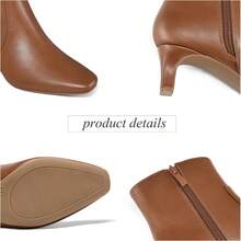 Sexy Square Toe Kitten Heel Booties For Women, Fashion Solid Color Side Zipper Ankle Boots With Faux Leather ,Comfortable Versatile Women Shoes - Caramel Brown - 查看 5