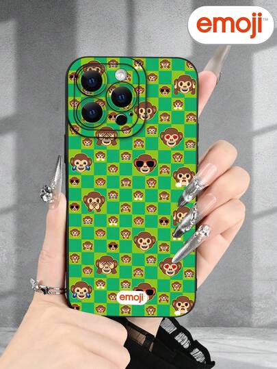 Emoji 1个猴子格子图案手机壳，带凸起摄像头边缘和边缘保护的TPU材质保护套，兼容 17/16/15/14/13/12/11 Pro Max、Galaxy S25/S24/S23/S21和A54/A53/A52/A34/A15系列，送给朋友、家人、情侣的可爱礼物，生日礼物