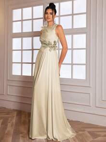 女士优雅花卉刺绣高开衩晚礼服，正式礼服，适合婚礼宾客、毕业典礼、晚宴、派对礼服、长袍 - 杏色 - 查看 4