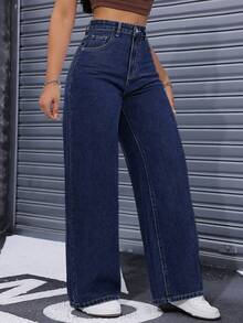 Pantalones Vaqueros de Pierna Ancha para Mujer Cintura Alta Recta y Suelta, Tejido Elástico Azul Lavado, Elegantes y Casuales - Azul - Ver 1
