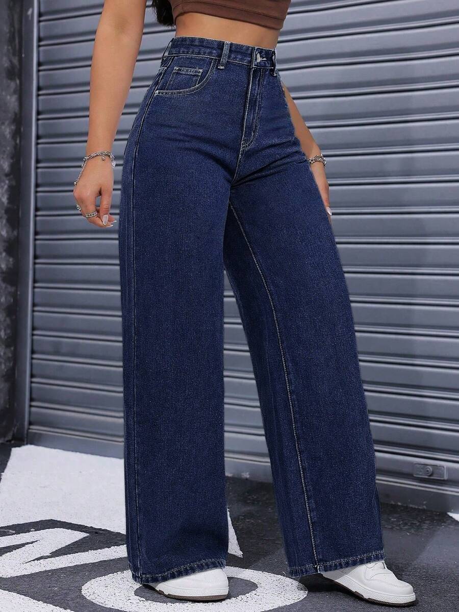 Pantalones Vaqueros de Pierna Ancha para Mujer Cintura Alta Recta y Suelta, Tejido Elástico Azul Lavado, Elegantes y Casuales - Azul - Ver 1
