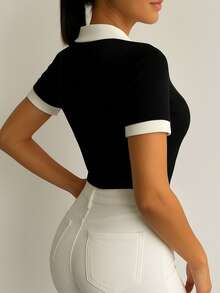 Women's Polo Collar Blouse, Two-Tone, Short Sleeve, Casual Cotton - p-黑色露領 - 查看 3