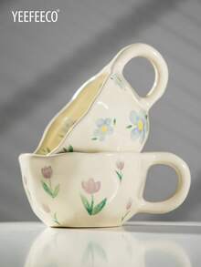 yeefeeco 1 pezzo Set tazza e piattino in ceramica, tazza da caffè e piattino con motivo floreale, tazza da tè carina e piattino, adatto per uso domestico, tè pomeridiano, ragazze e periodo di rientro a scuola