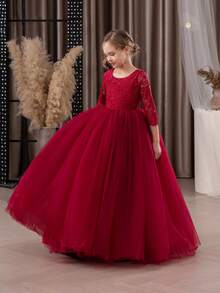 Tween Girl Lace Trim Deep V Back Mesh Princess Dress, Suitable For Birthday Party, Easter, Flower Girl, Wedding, Prom, Holiday Occasions - Burgundy - View 6