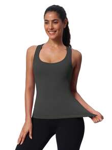 Seamless Workout Tank Top For Women With Built In Bra, Padded Racerback Athletic Yoga Camisole - Kolgrå - Visa 4