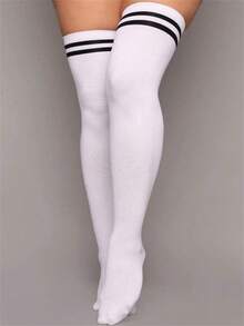 1 Pair Solid Color & Striped Sexy Thigh-High Socks, Thick Knee-High Socks For Women, Y2k
