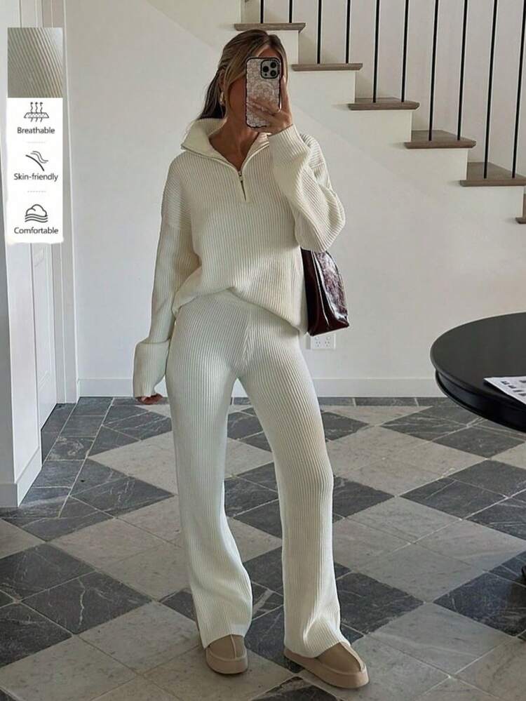 Conjunto casual de 2 piezas de mujer para otoño/invierno, ropa de estilo Y2K, suéter de punto acanalado con media cremallera, parte superior de punto de manga larga, pantalón de punto cómodo, conjunto a juego para volver al colegio, homecoming, atuendos de otoño/invierno todo en blanco, atuendos para conciertos country, citas nocturnas, conjunto de 2 piezas, conjunto de chándal para mujer - Blanco - Añade 1