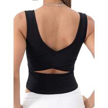 Women Rib Tank Top Padded Workout Top Square Neck Crop Tank Fitted Basic Cami Tops - Diamond Black - View 4