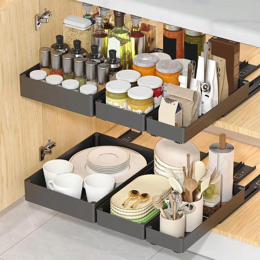 Organizador de gabinetes extraíbles, cajones extraíbles para gabinetes de cocina, organizador debajo del fregadero, estantes extraíbles para el hogar, gabinetes de cocina, despensa, almacenamiento de baño - Negro - Ver 1
