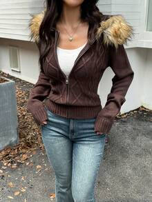 Y2K Casual Street Style Commuting Solid Color Zipper Hooded Patchwork Wool Collar Wool Cardigan Jacket, Suitable For Christmas & Autumn - Brown - View 6