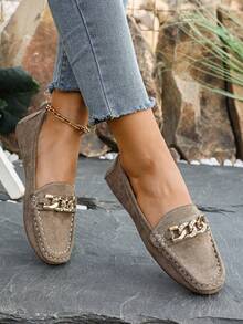 Women's Spring New Arrival Chain Loafers, Soft Leather Penny Loafers Slip-On Flat Shoes - Mocha Brown - View 2