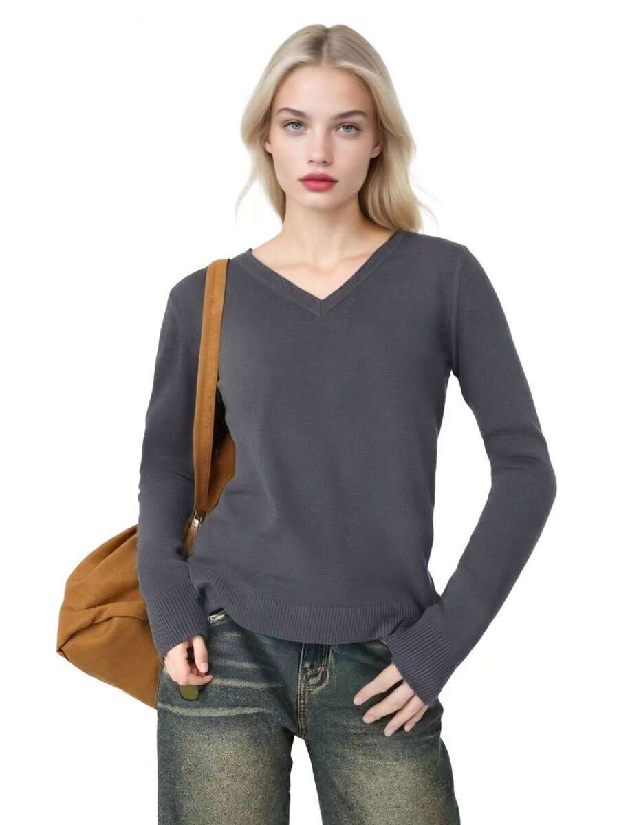 Women's Thin Sweater Solid Color Elegant Ribbed Daily - Dark Grey - View 1