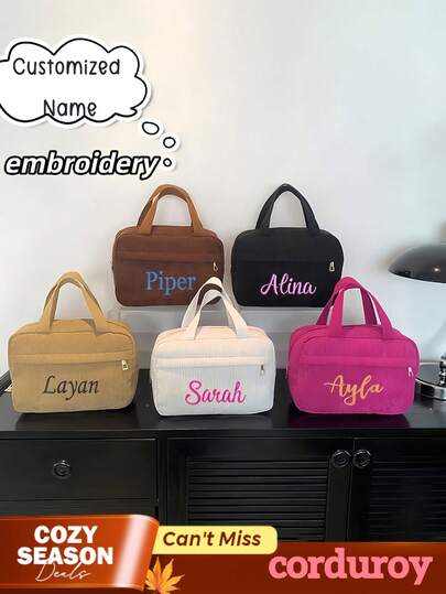 1 bolsa bordada personalizada, bolsa tote de grande capacidade, mini bolsa quadrada moderna, bolsa casual, feita de veludo cotelê, bolsa para guardar joias e cosméticos