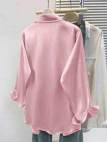 女士秋季马术缎面衬衫，优雅纯色马术印花，尖领单排扣设计，展现日常优雅气质