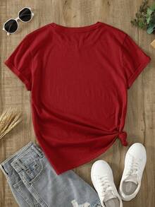 Camiseta relajada de mujer con cuello redondo y mangas cortas de unicolor, uso casual diario, tops para mujeres tshirt - Rojo - Ver 2