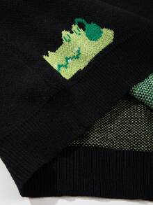 Suéter masculino casual folgado de cor sólida com estampa fofa de crocodilo e letras, ideal para outono e inverno.