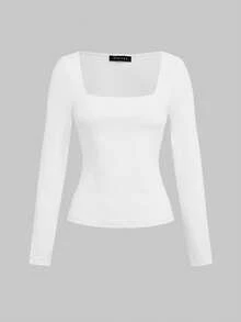 Top de manga larga básico y minimalista con cuello redondo, de doble capa, sin costuras y ajustado, para uso casual en primavera - Blanco - Ver 2