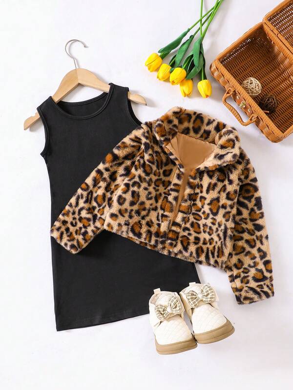 Mädchen Vintage Chic Enges Kleid mit rundem Ausschnitt und ärmellos, kombiniert mit Leoprint Fake-Pelz Jacke mit Kragen und weiten Ärmeln, 2-teiliges Set, Herbst/Winter