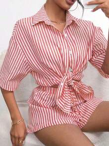 Solapa de verano Casual a rayas de manga corta Pantalones de dos piezas de las mujeres traje de moda opa Dos piezas para Mujer - Rojo - Ver 6