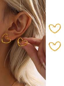 Sweet Style Versatile Heart-Shaped Stud Earrings For Women, Gold Color Small Unique Heart Design Titanium Steel Plated Jewelry