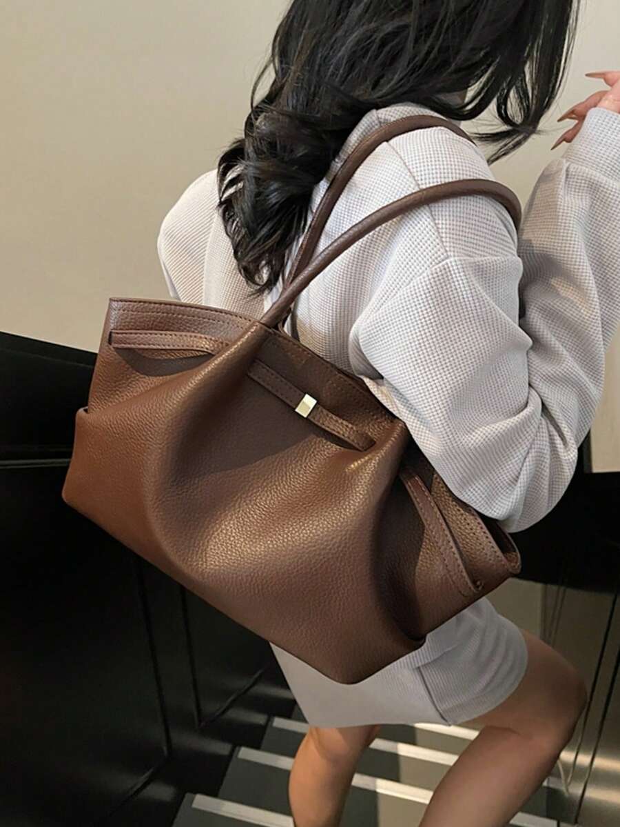 2025秋季新款休闲简约女士通勤手提包，大容量单肩包，时尚百搭，可作腋下包、购物篮手提包使用，复古通勤时尚单肩/腋下手提包 - 黑色 - 查看 1
