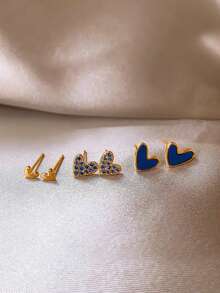 3 Pairs Minimalist Chic Petite Elegant Heart-Shaped Glass Inlaid Earrings Set, Suitable For Daily Wear And Gatherings - Blue - View 8