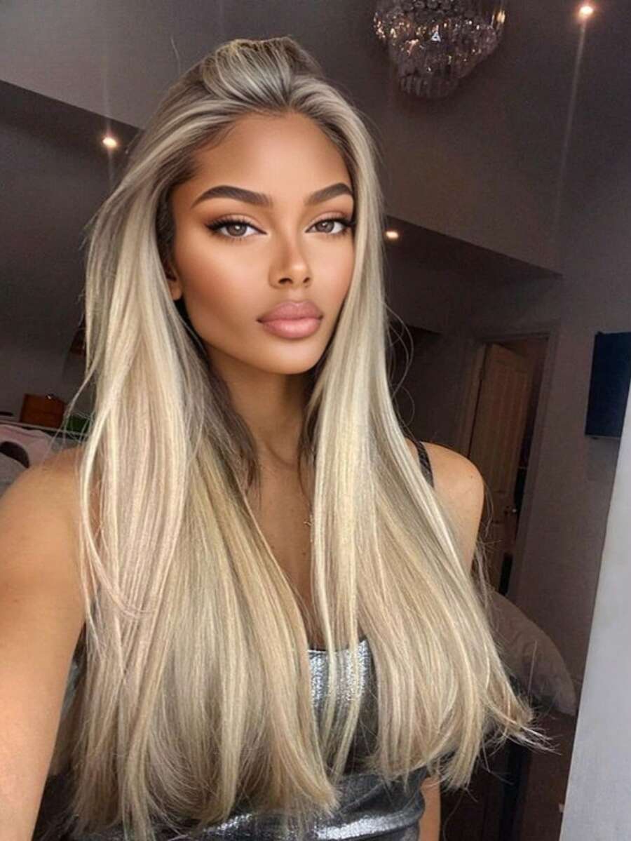 Ombre Brown Roots Ash Blonde Put On And Go 13x4 HD Transparent Straight Lace Front Wigs Human Hair Pre Plucked Bleached Knots 180 Density Lace Frontal Wigs For Women Silky Straight Glueless Wigs Human Hair With Baby Hair For Beginner - 根染&漸變色 - 查看 1