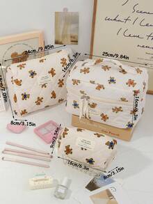 1 Piece Beige Strip Print Cosmetics Storage Bag Cute Brown Bear Pattern Make Up Bag Practical Makeup Bag Set Large Capacity Cosmetics Organizer Bag Foam Quilted Travel Toiletry Bag Lovely Cartoon Pattern Makeup Pouch Multi-Functional Items Storage Bag