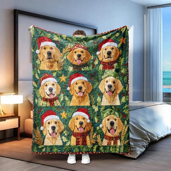 1pc Christmas "Furry Friend" Party! Golden Retriever Adorable Fleece Blanket, Must-Have For Christmas Dog Lovers At Home Or Outdoors, Soft, Cozy, Warm, Machine/Hand Washable, Multipurpose Flannel Blanket