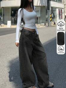 水洗黑色牛仔裤，女士春夏穿搭，美式休闲牛仔风格，女士宽松直筒阔腿牛仔裤，时尚