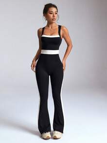 Combinaison de sport pour femmes avec couleurs contrastées, sans manches, coupe slim, micro-yoga