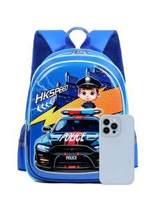 1个背包，适合男孩小学、初中和高中学生，可爱汽车图案，轻便硬壳背包，减少负重，保护背部，返校季背包手提包 - 藍色 - 查看 3