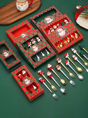 创意圣诞树咖啡搅拌勺，不锈钢可爱圣诞咖啡勺套装，甜点水果勺叉餐具套装，完美的圣诞礼物