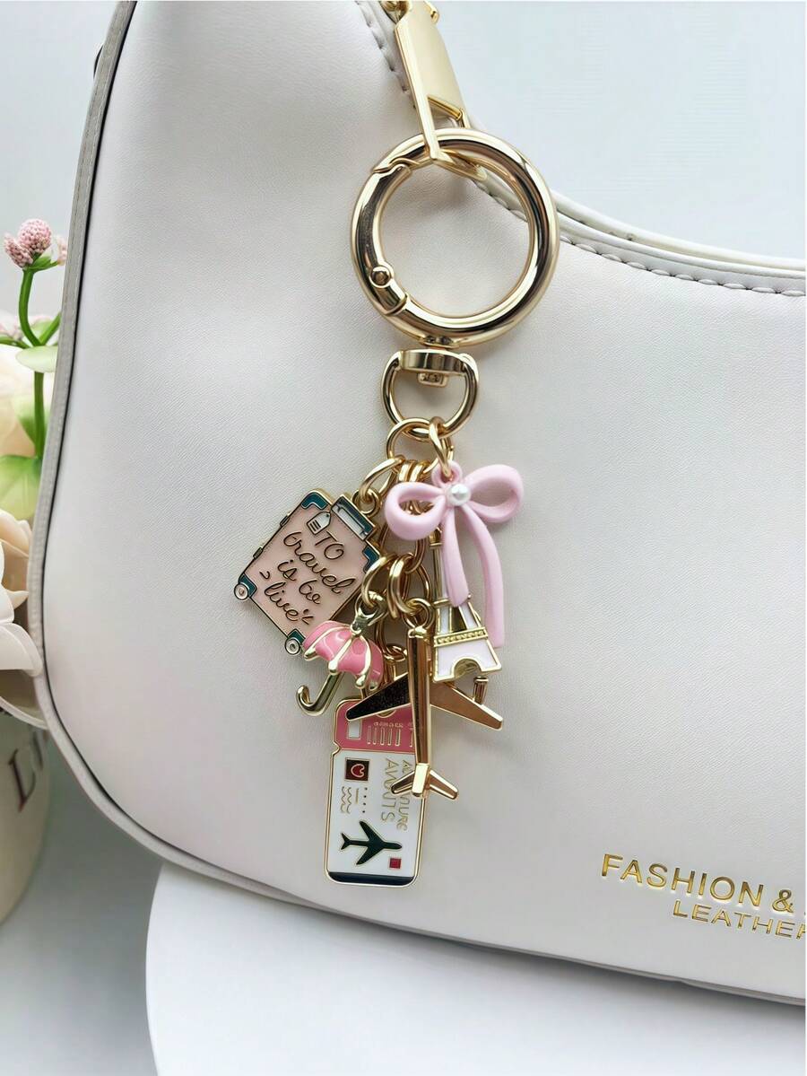 1pc Elegant Pink Bow Travel Keychain Pendant, Oil Drop Airplane, Eiffel Tower, DIY Jewelry, Handbag Charm, Luggage Decoration, Shoulder Bag Accessory, Multifunctional Bag Charm, Car Decor, Cute Gothic Y2K Style, Holiday Gift