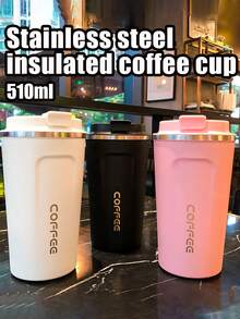 1 pieza Taza de café de acero inoxidable de 380/510ml, Taza portátil, Botella de agua para coche, Aislamiento de 6 horas, Botella de agua deportiva de gran capacidad para bebidas frías y calientes, Diseño antideslizante, Sello súper fuerte, Adecuada para leche, café, té caliente, bebidas frías, jugo, Regalo perfecto - Multicolor - Ver 2
