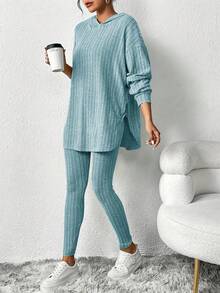 Hooded Rib-Knit Lounge Set: Relaxed Fit Tunic Top & Fitted Leggings For Cozy Home Wear, Casual Comfort And Relaxed Loungewear For Women. - 混合色 - 查看 2