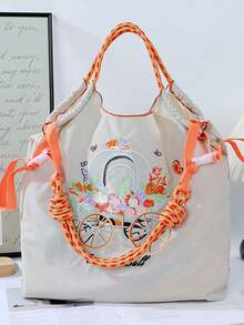 1pc New Casual Embroidered Floral Car Pattern Lightweight Nylon Large Capacity Tote Bag, Suitable For Commuting, Party, Shoulder & Crossbody Bag With Strap