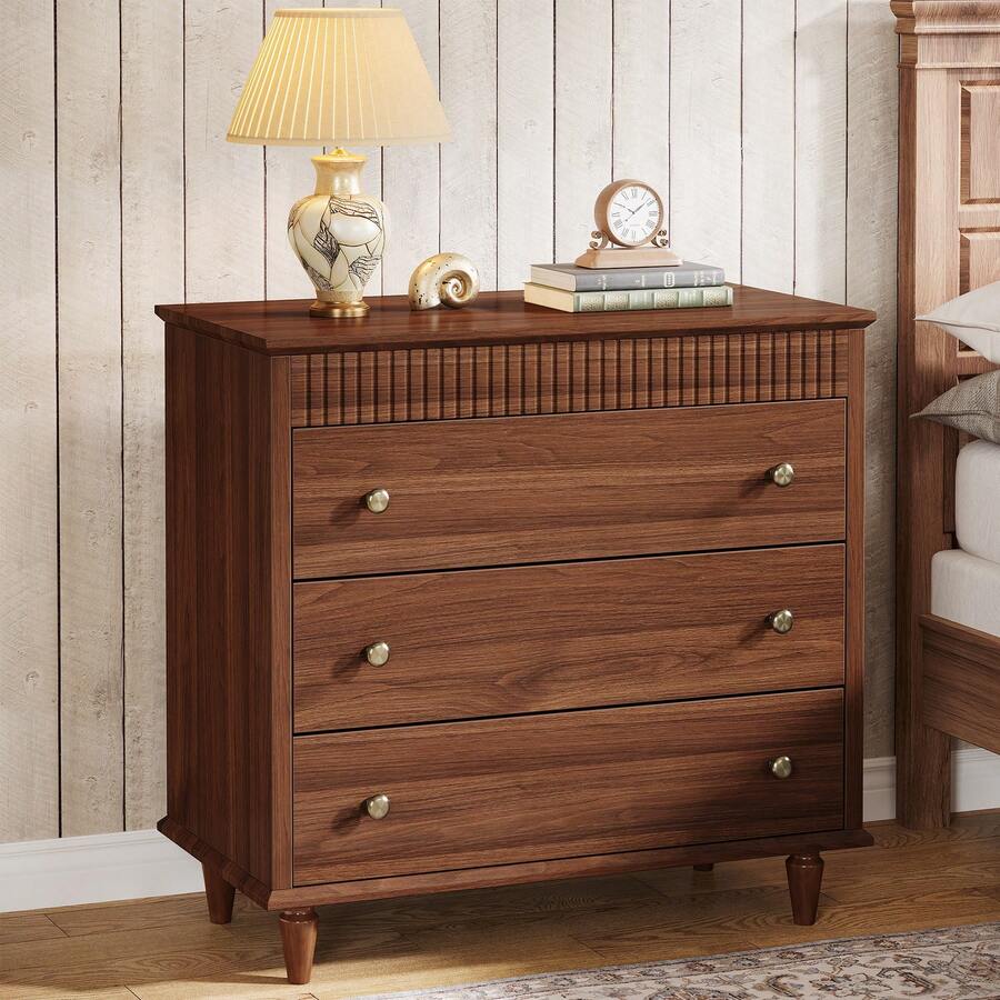 31.5" Oversized Nightstand With 3 Drawers, Farmhouse Bedside Table With Mental Handles For Bedroom And Home, Brown - 棕色 - 查看 1