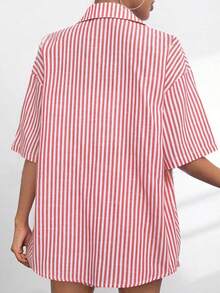 Solapa de verano Casual a rayas de manga corta Pantalones de dos piezas de las mujeres traje de moda opa Dos piezas para Mujer - Rojo - Ver 7