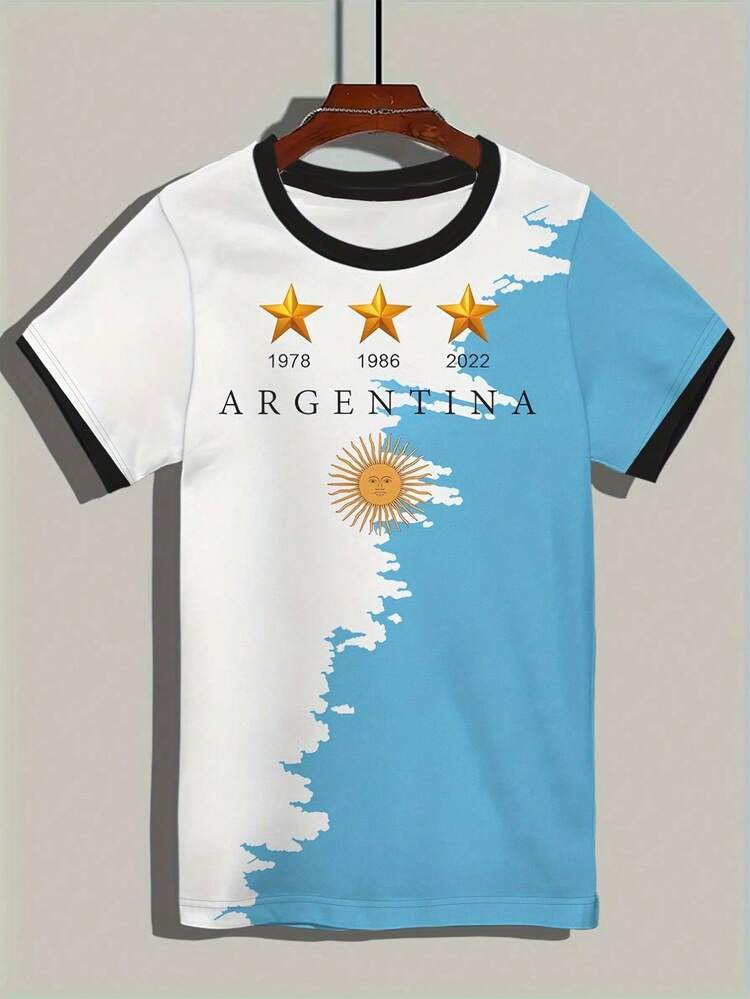 Camiseta de manga corta casual para hombres - Impresa con bandera de Argentina, cuello redondo, lavable, tela ligera y transpirable, adecuada para uso casual u deportes al aire libre, ropa para todas las estaciones | Camisa fácil de usar | Ropa casual duradera, camiseta de manga corta - Multicolor - Añade 3