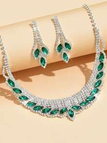 3pcs Luxury Fully Rhinestone Necklace & Earrings Jewelry Set, Bridal Wedding Gown Party Accessories - Multicolor - View 10
