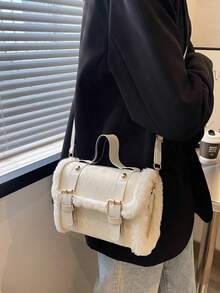 1 件女士时尚翻盖小斜挎包，别致毛茸茸边缘手提包，单肩斜挎包 - 白色 - 查看 3