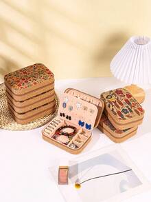 1pc, Retro Upgraded Style With Earring Plate Long Exquisite Cork Portable Large Capacity Jewelry Box Earring Ring Necklace Travel Multilayer Storage Box Jewelry Box Earring Ring Necklace Travel Storage Box Jewelry Earring Elegant Style Printed Jewelry Box Multifunctional Jewelry Storage Box Zipper Convenient Jewelry Bag