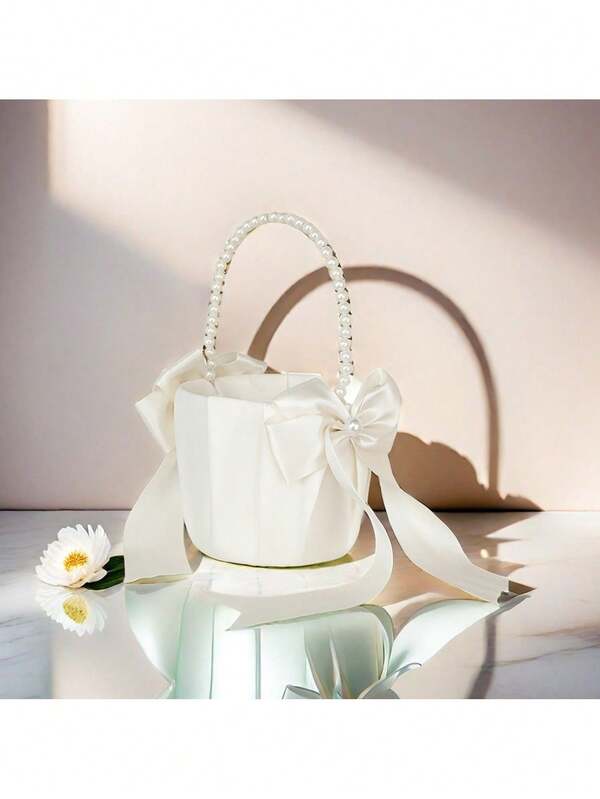1PC White Bow Faux Pearl Satin Flower Basket For Wedding Party Decoration New Year Gift Home Decor Bridal Bouquet Centerpiece, Birthday, Christmas, New Year